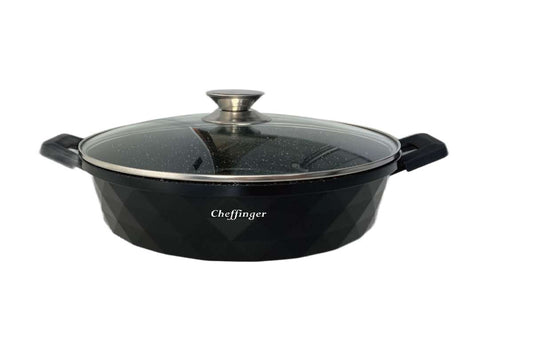 Cheffinger — Patelnia głęboka / Schmorpfanne Ø28cm z pokrywą, Alu-guss, powłoka marmurowa