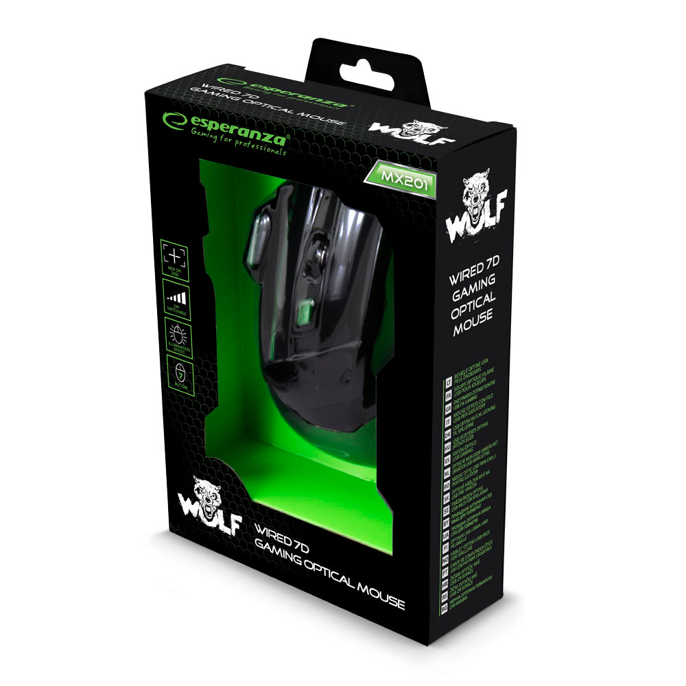 ESPERANZA MYSZ PRZEWOD. GAMING LED 7D OPT. USB WOLF ZIELONA