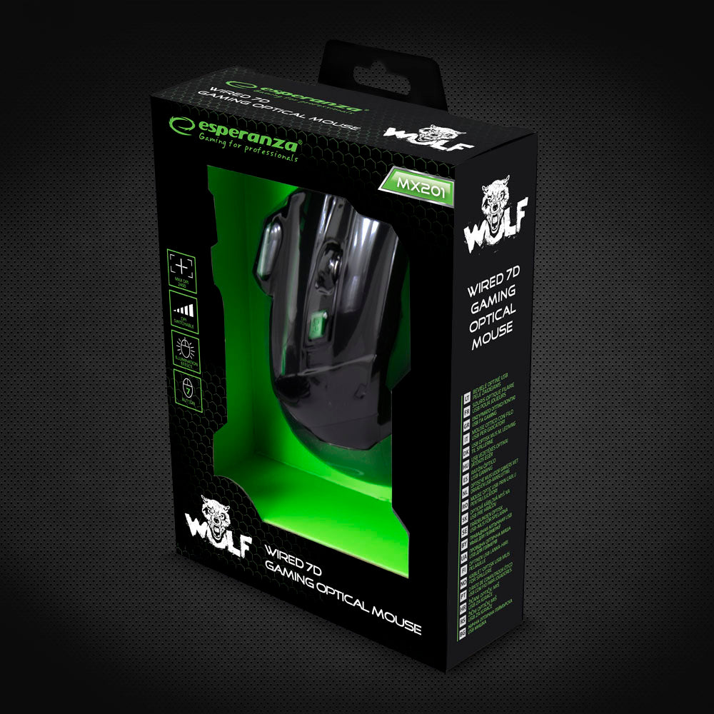 ESPERANZA MYSZ PRZEWOD. GAMING LED 7D OPT. USB WOLF ZIELONA