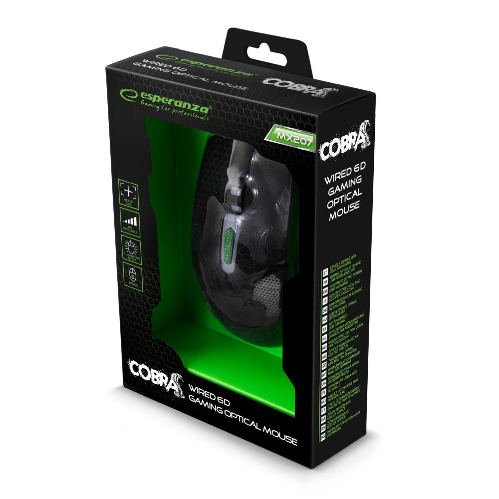 ESPERANZA MYSZ PRZEWOD. GAMING LED 6D OPT. USB COBRA ZIELONA