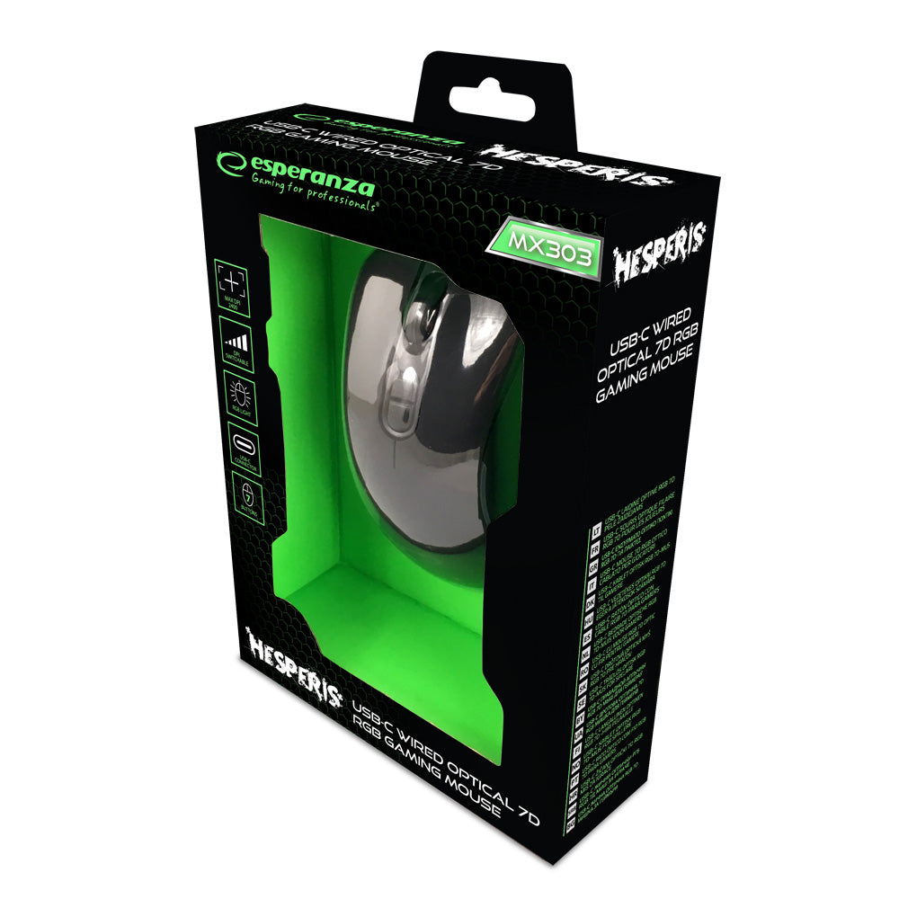 ESPERANZA MYSZ PRZEWOD. GAMING LED RGB 7D OPT. USB-C HESPERIS
