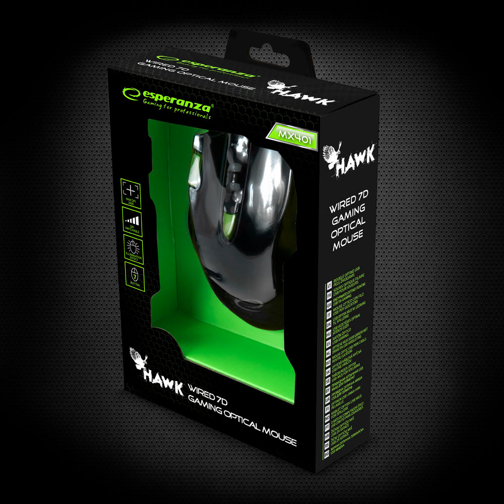 ESPERANZA MYSZ PRZEWOD. GAMING LED 7D OPT. USB HAWK CZARNO-ZIELONA