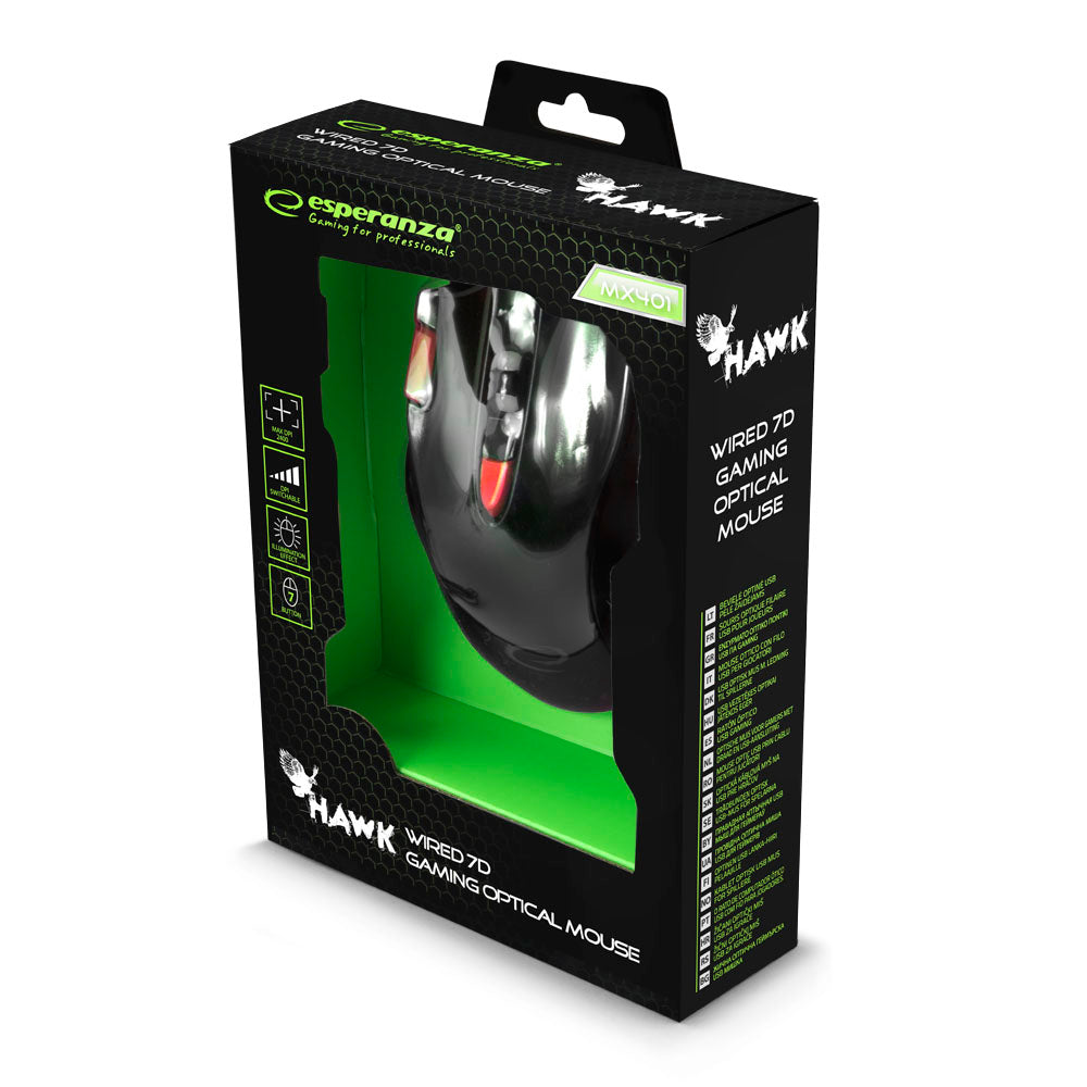 ESPERANZA MYSZ PRZEWOD. GAMING LED 7D OPT. USB HAWK CZARNO-CZERWONA