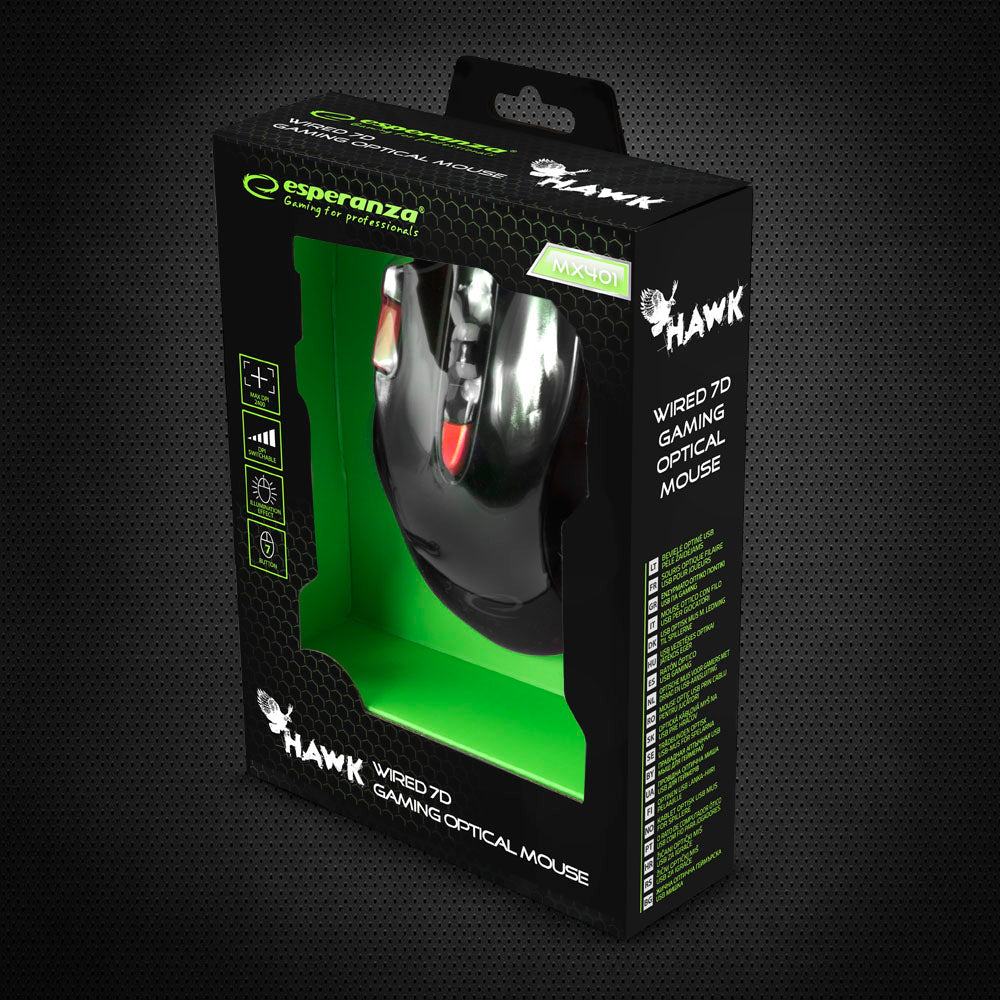 ESPERANZA MYSZ PRZEWOD. GAMING LED 7D OPT. USB HAWK CZARNO-CZERWONA