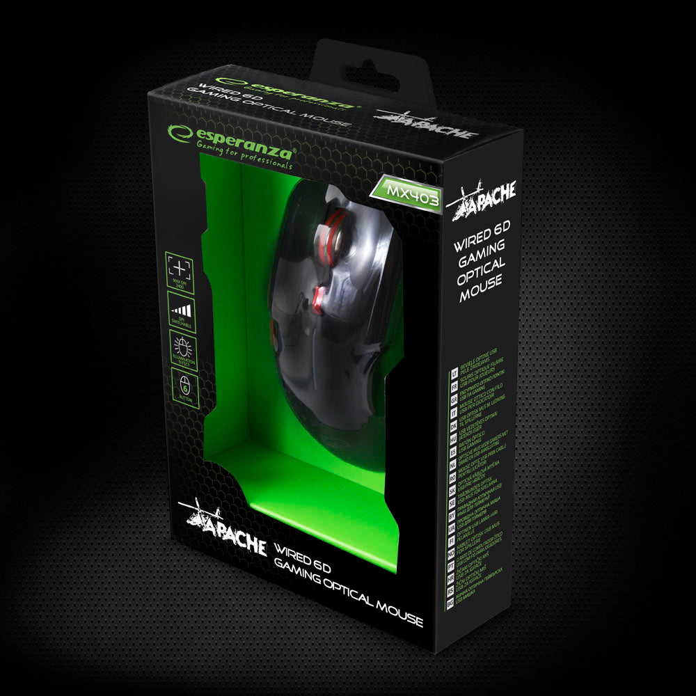 ESPERANZA MYSZ PRZEWOD. GAMING LED 6D OPT. USB APACHE CZERWONA