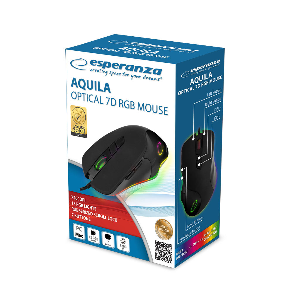 ESPERANZA MYSZ PRZEWOD. LED RGB 7D OPT. USB AQUILA