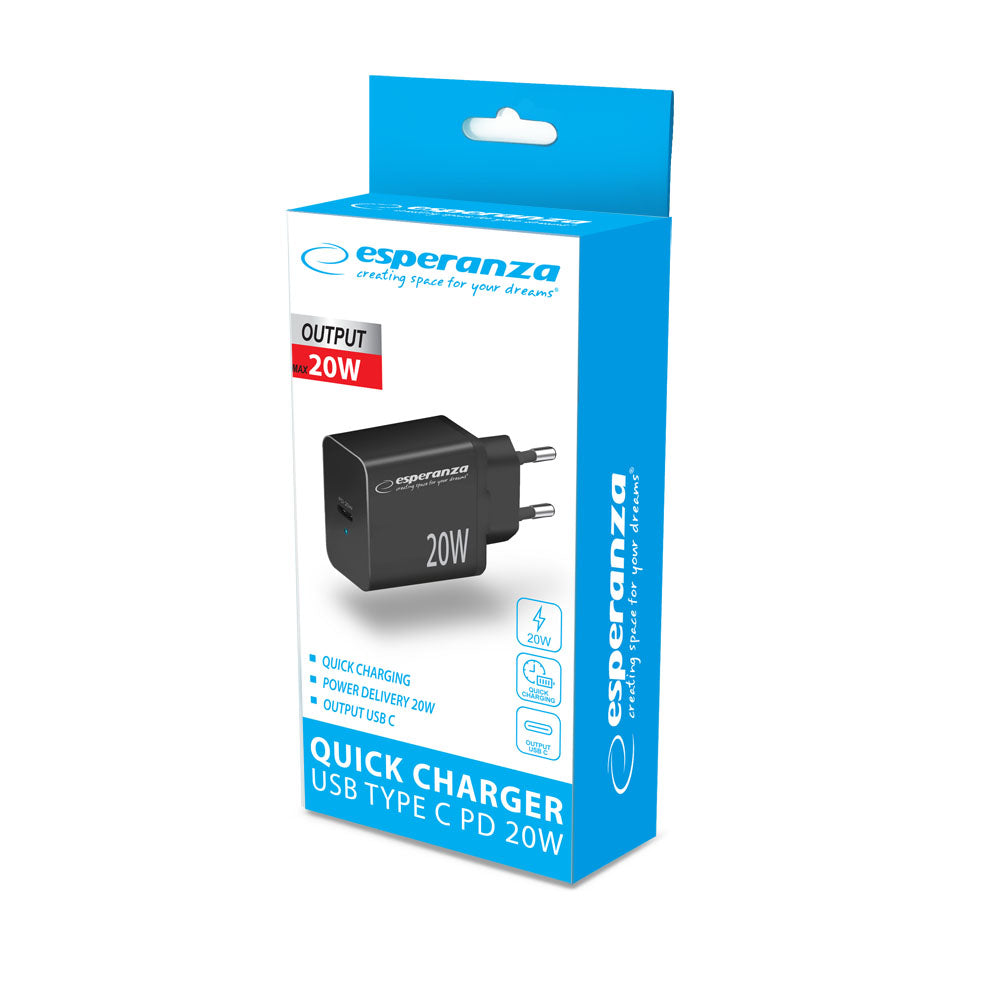 ESPERANZA ŁADOWARKA SIECIOWA 20W USB-C PD CZARNA