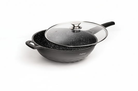 Cheffinger — Wok XL z pokrywą 32 cm, odlew aluminium, marmurowa powłoka