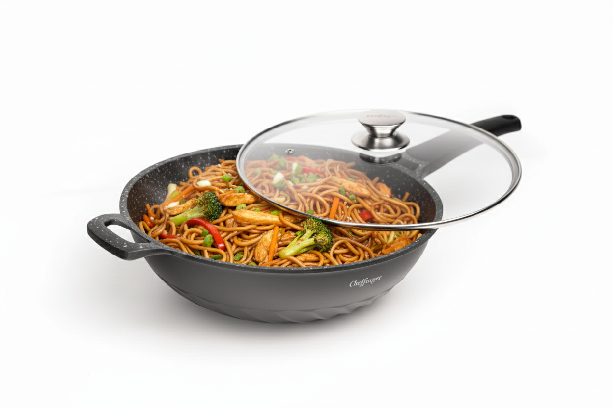Cheffinger — Wok XL z pokrywą 32 cm, odlew aluminium, marmurowa powłoka