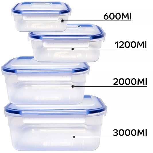 Zestaw 4 pojemników do przechowywania z pokrywkami — 600 ml, 1200 ml, 2000 ml, 3000 ml