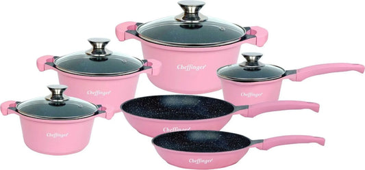 Cheffinger DA1010 Pink – 10-częściowy zestaw garnków i patelni (die-cast, indukcja)