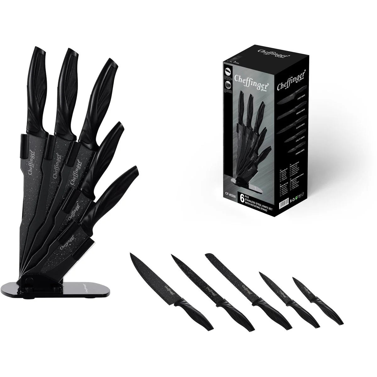Cheffinger – 6-częściowy zestaw noży ze stojakiem akrylowym 360° (Black)
