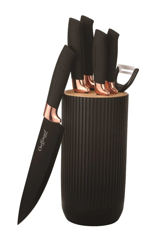 Cheffinger – 7-częściowy zestaw noży ze stojakiem (Black/Rose Gold)