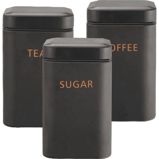 Zestaw 3 pojemników kuchennych — czarne puszki z hermetycznymi pokrywkami