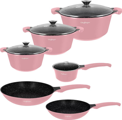 Cheffinger DA1010 Pink – 10-częściowy zestaw garnków i patelni (die-cast, indukcja)