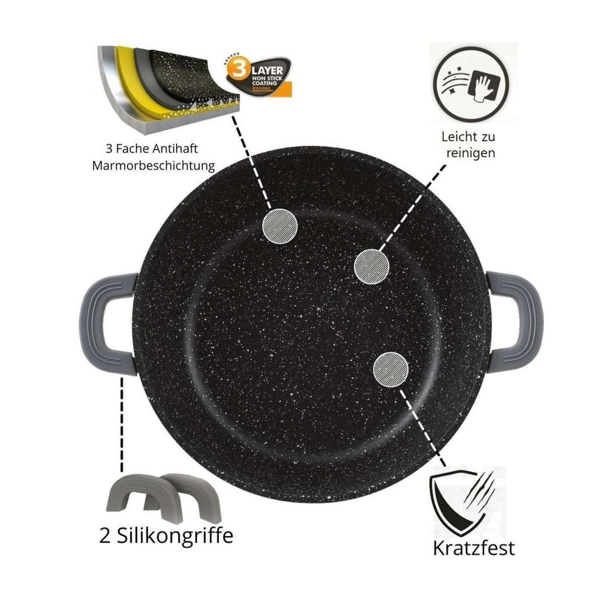 Cheffinger — Patelnia głęboka / Schmorpfanne Ø28cm z pokrywą, Alu-guss, powłoka marmurowa