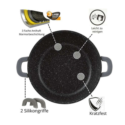 Cheffinger — Patelnia głęboka / Schmorpfanne Ø28cm z pokrywą, Alu-guss, powłoka marmurowa