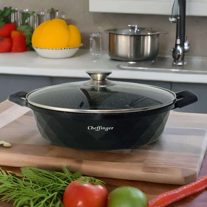 Cheffinger — Patelnia głęboka / Schmorpfanne Ø28cm z pokrywą, Alu-guss, powłoka marmurowa