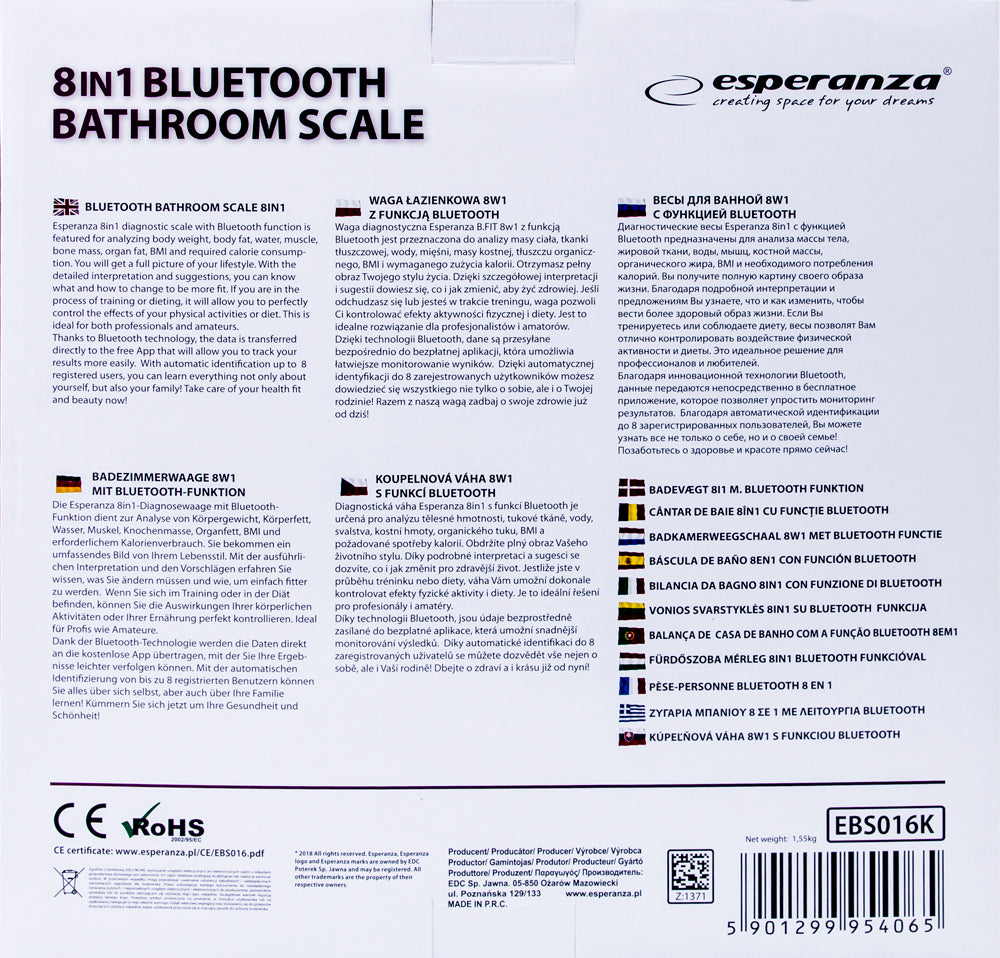 ESPERANZA CYFROWA WAGA ŁAZIENKOWA ANALITYCZNA 8W1 BT B.FIT CZARNA