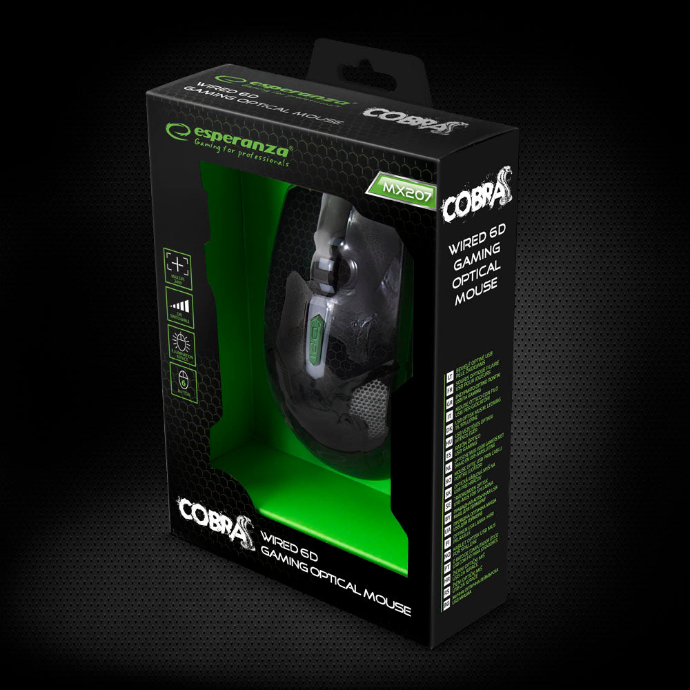 ESPERANZA MYSZ PRZEWOD. GAMING LED 6D OPT. USB COBRA ZIELONA