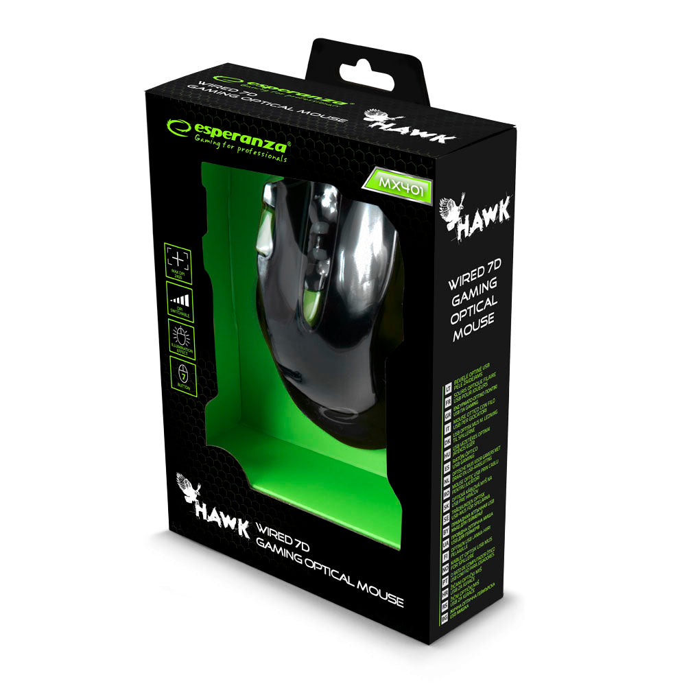ESPERANZA MYSZ PRZEWOD. GAMING LED 7D OPT. USB HAWK CZARNO-ZIELONA