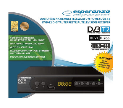ESPERANZA TUNER/DEKODER CYFROWY DVB-T2 H.265/HEVC EV106P
