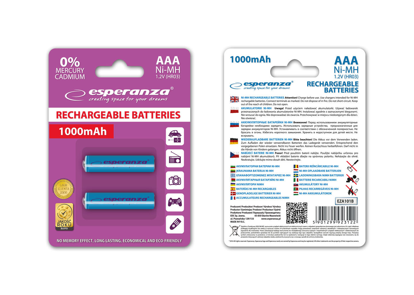ESPERANZA AKUMULATORKI NI-MH AAA 1000MAH 2SZT. NIEBIESKIE