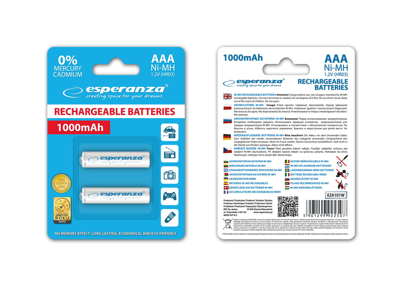 ESPERANZA AKUMULATORKI NI-MH AAA 1000MAH 2SZT. BIAŁE