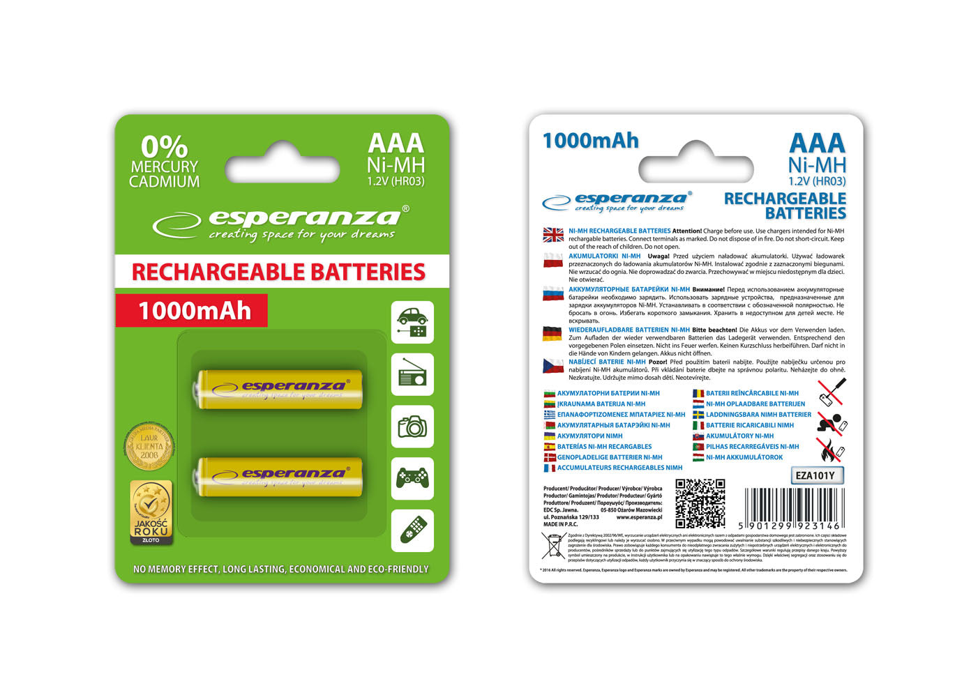 ESPERANZA AKUMULATORKI NI-MH AAA 1000MAH 2SZT.ŻÓŁTE