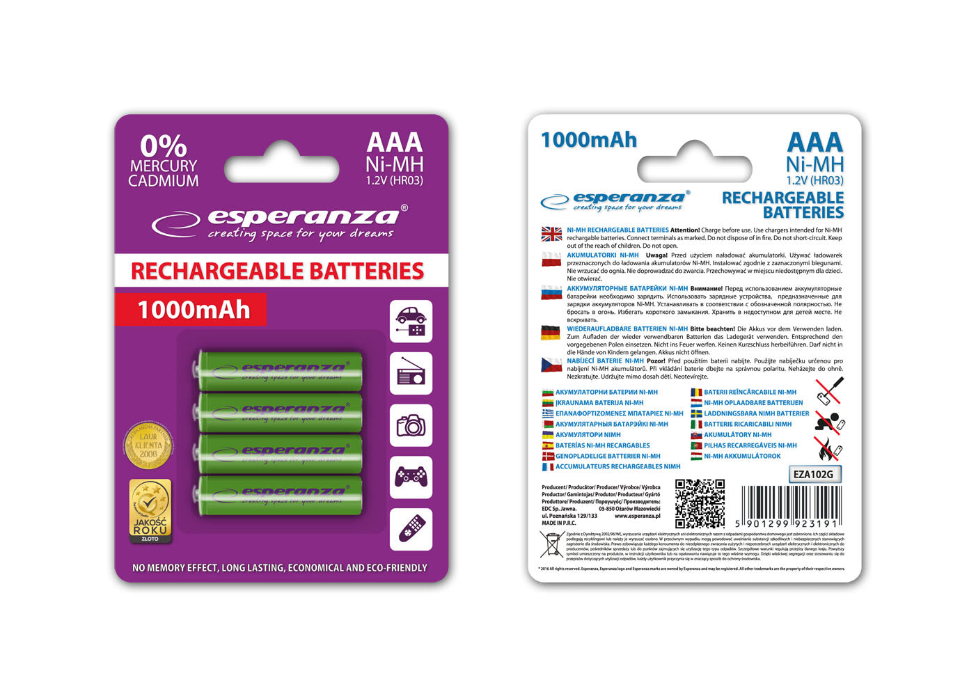 ESPERANZA AKUMULATORKI NI-MH AAA 1000MAH 4SZT. ZIELONE