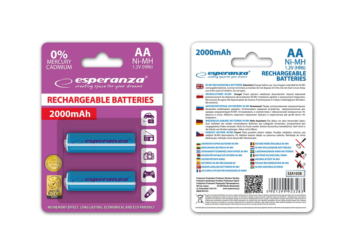 ESPERANZA AKUMULATORKI NI-MH AA 2000MAH 2SZT. NIEBIESKIE
