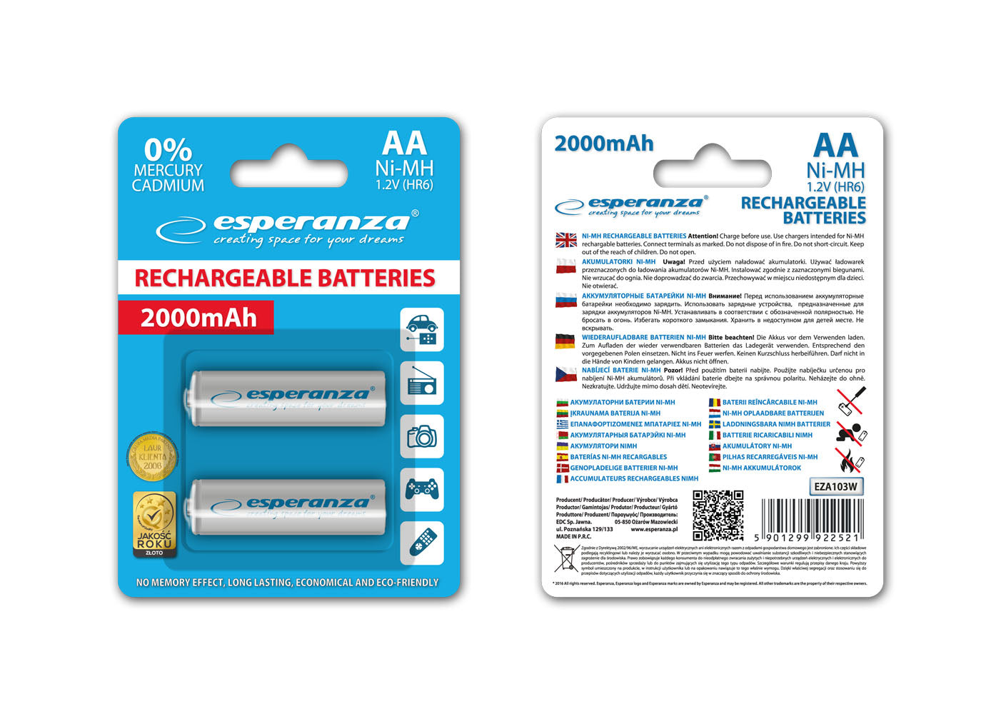 ESPERANZA AKUMULATORKI NI-MH AA 2000MAH 2SZT. BIAŁE