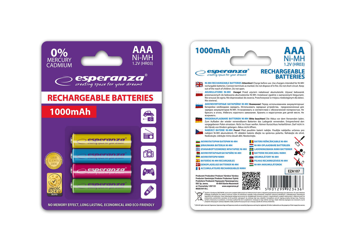 ESPERANZA AKUMULATORKI NI-MH AAA 1000MAH 4SZT. MIX KOLORÓW