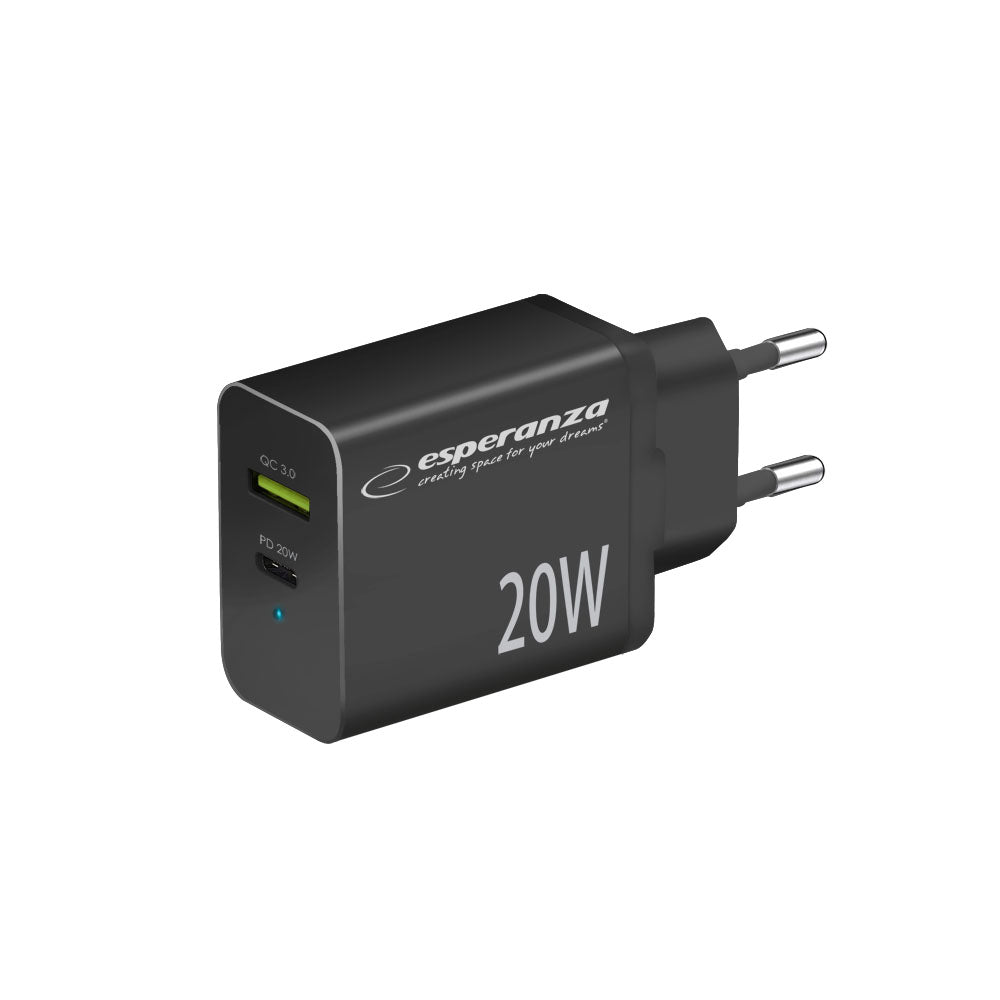 ESPERANZA ŁADOWARKA SIECIOWA 20W USB-C PD 20W / USB-A QC 3.0 18W CZARNA