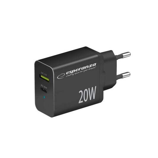 ESPERANZA ŁADOWARKA SIECIOWA 20W USB-C PD 20W / USB-A QC 3.0 18W CZARNA