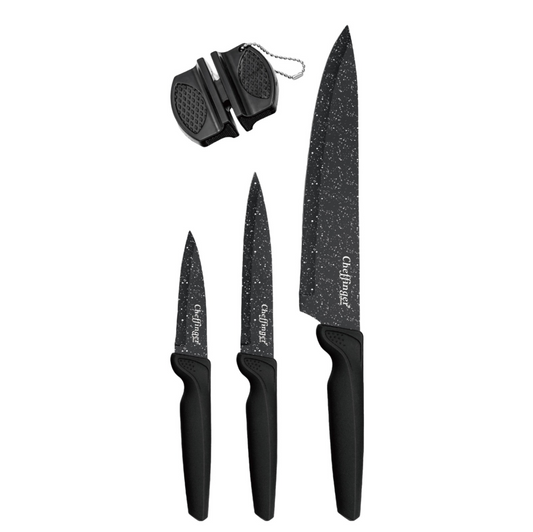 Cheffinger – 4-częściowy zestaw noży z ostrzałką (Black)
