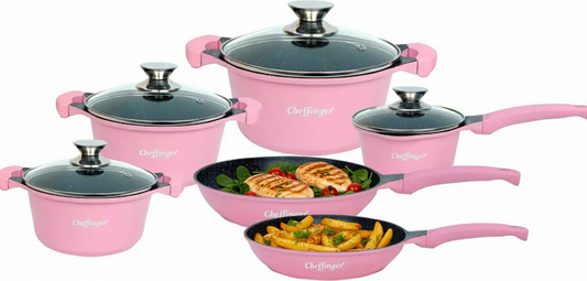 Cheffinger DA1010 Pink – 10-częściowy zestaw garnków i patelni (die-cast, indukcja)