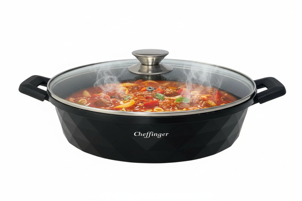 Cheffinger — Patelnia głęboka / Schmorpfanne Ø28cm z pokrywą, Alu-guss, powłoka marmurowa