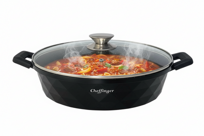 Cheffinger — Patelnia głęboka / Schmorpfanne Ø28cm z pokrywą, Alu-guss, powłoka marmurowa