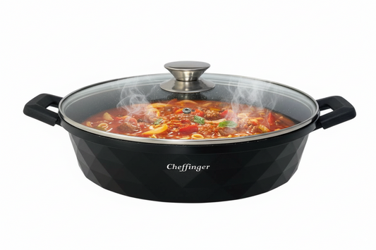Cheffinger — Patelnia głęboka / Schmorpfanne Ø28cm z pokrywą, Alu-guss, powłoka marmurowa