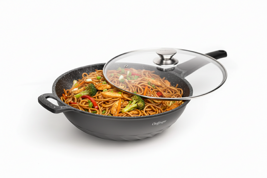 Cheffinger — Wok XL z pokrywą 32&nbsp;cm, odlew aluminium, marmurowa powłoka
