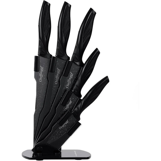 Cheffinger – 6-częściowy zestaw noży ze stojakiem akrylowym 360° (Black)
