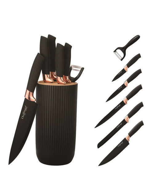 Cheffinger – 7-częściowy zestaw noży ze stojakiem (Black/Rose Gold)