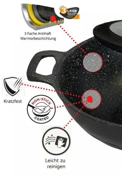 Cheffinger — Wok XL z pokrywą 32&nbsp;cm, odlew aluminium, marmurowa powłoka