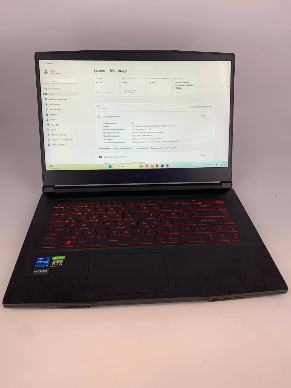 Laptop Gemingowy MSI GF63 / 15,6" FHD / i7-11800H / 16GB / 500GB SSD / RTX 3050 / Windows 11 Home